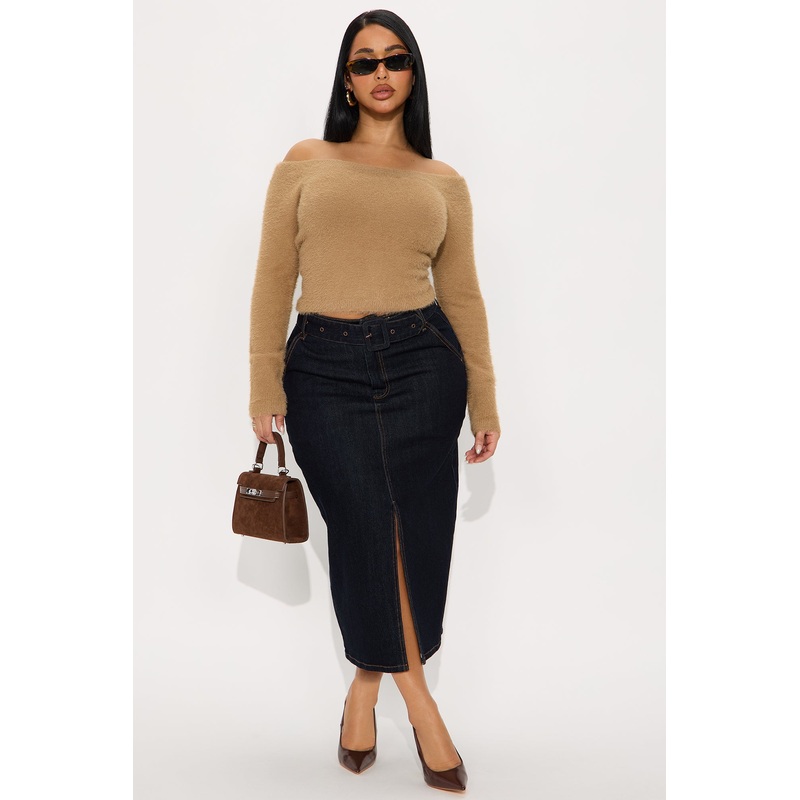 Cleo Belted Denim Midi Skirt – Rinse Blue Wash