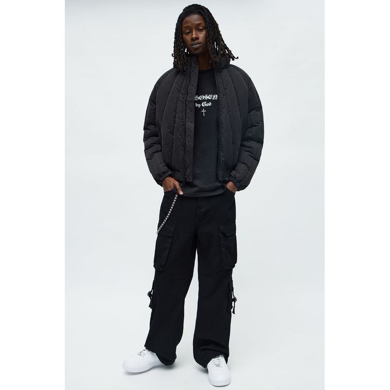 Cropped Center Of Attention Bomber Puffer Jacket – Black