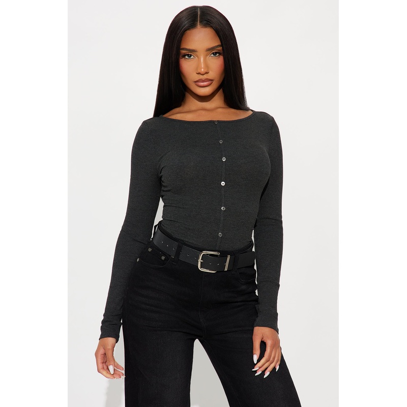 Daniella Ribbed Button Up Long Sleeve Top – Charcoal