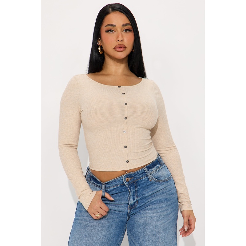 Daniella Ribbed Button Up Long Sleeve Top – Oatmeal