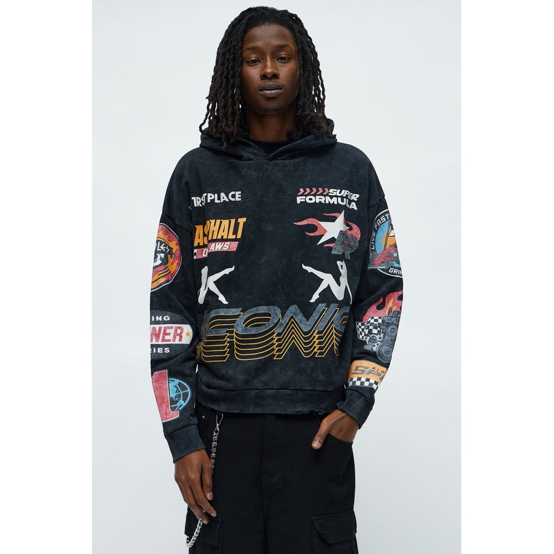Iconic Racing Team Raw Hem Oversized Hoodie – Black Wash