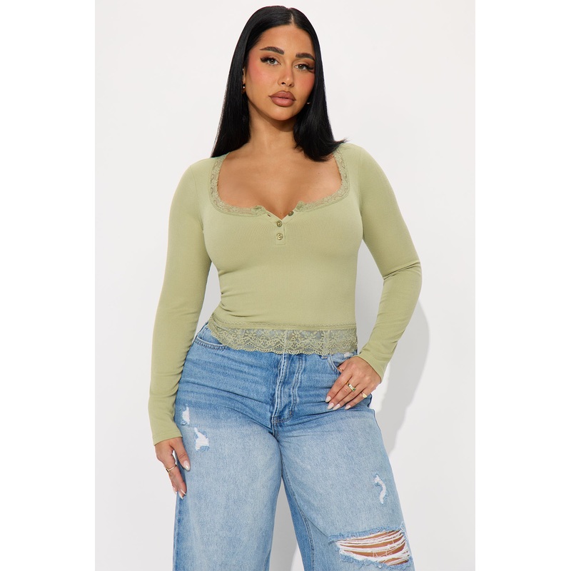 Mila Ribbed Lace Long Sleeve Henley Top – Sage