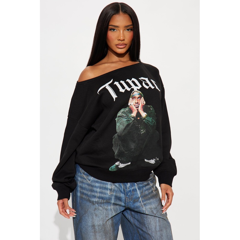 Tupac Angel Fleece Off Shoulder Lounge Sweatshirt – Black