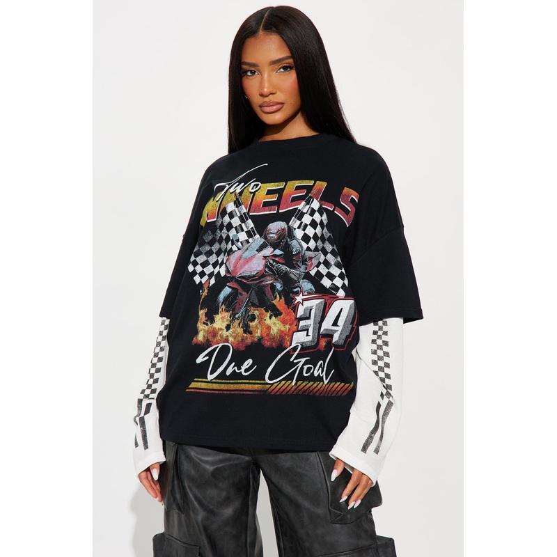 Two Wheels Checkered Thermal Sleeve 2fer Tee – Black/White