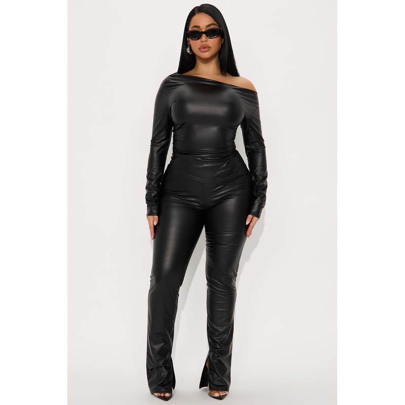 Wild Ride Asymmetrical Faux Leather Pant Set – Charcoal