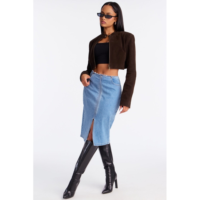 Sierra Deconstructed Waistband Denim Midi Skirt – Medium Wash