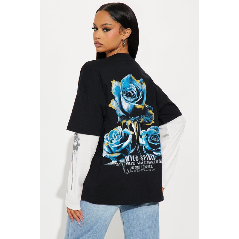 Wild Spirit Thermal Long Sleeve 2Fer Tee – Black/White