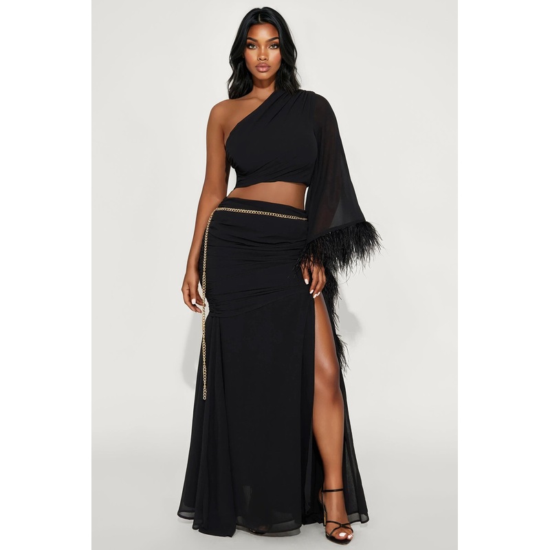 Athena Chiffon One Shoulder Maxi Skirt Set – Black