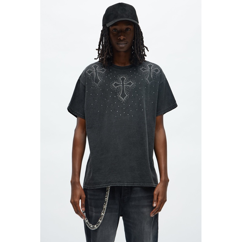 Cross Rhinestones Oversized Short Sleeve Tee – Black