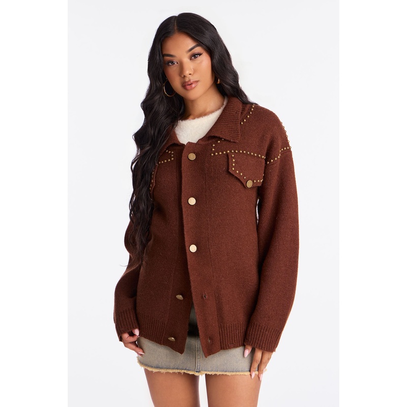 Western Girl Studded Cardigan – Brown