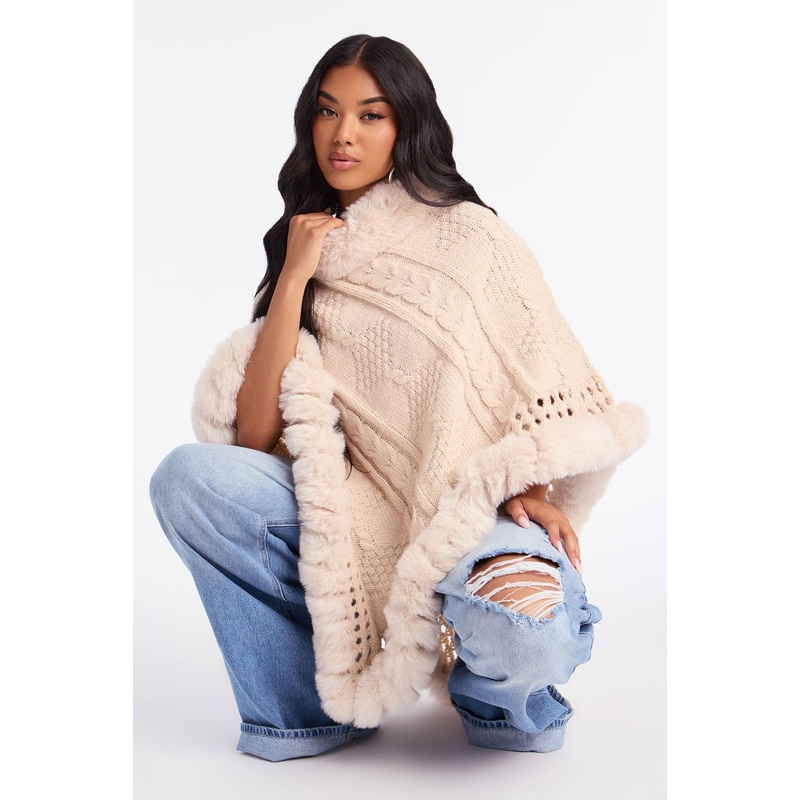 Wrapped Around You Faux Fur Trim Sweater Poncho – Cream