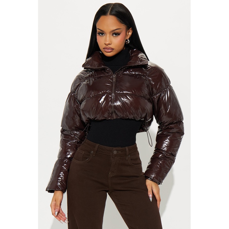 Zora Faux Patent Leather Cropped Puffer Jacket – Chocolate