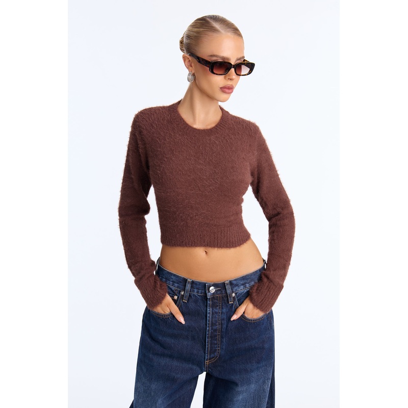 Alayna Crew Neck Fuzzy Sweater – Brown