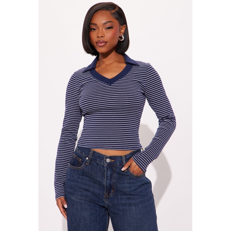 Cassandra Striped Long Sleeve Top – Navy