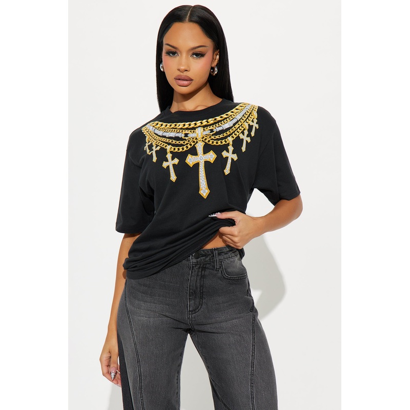 Chains And Crosses On My Neck Oversize Tee – Black