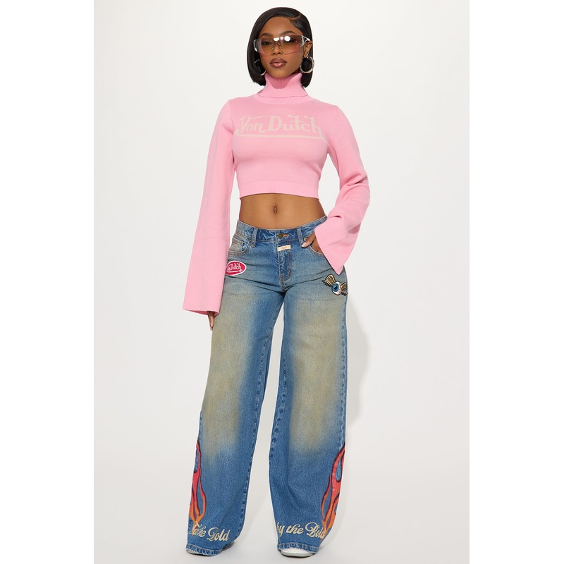 Von Dutch Bold Flame Wide Leg Jeans – Vintage Wash