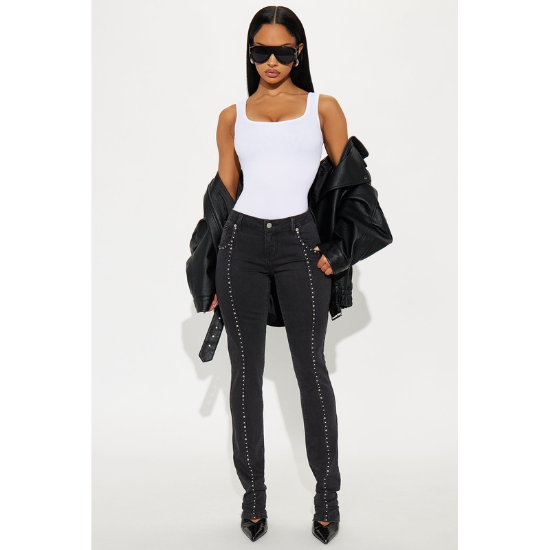 What A Studded Stacked Slim Jeans – Black Wash