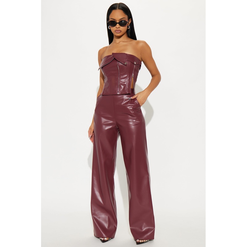 Zip Me Up Faux Leather Pant Set – Burgundy