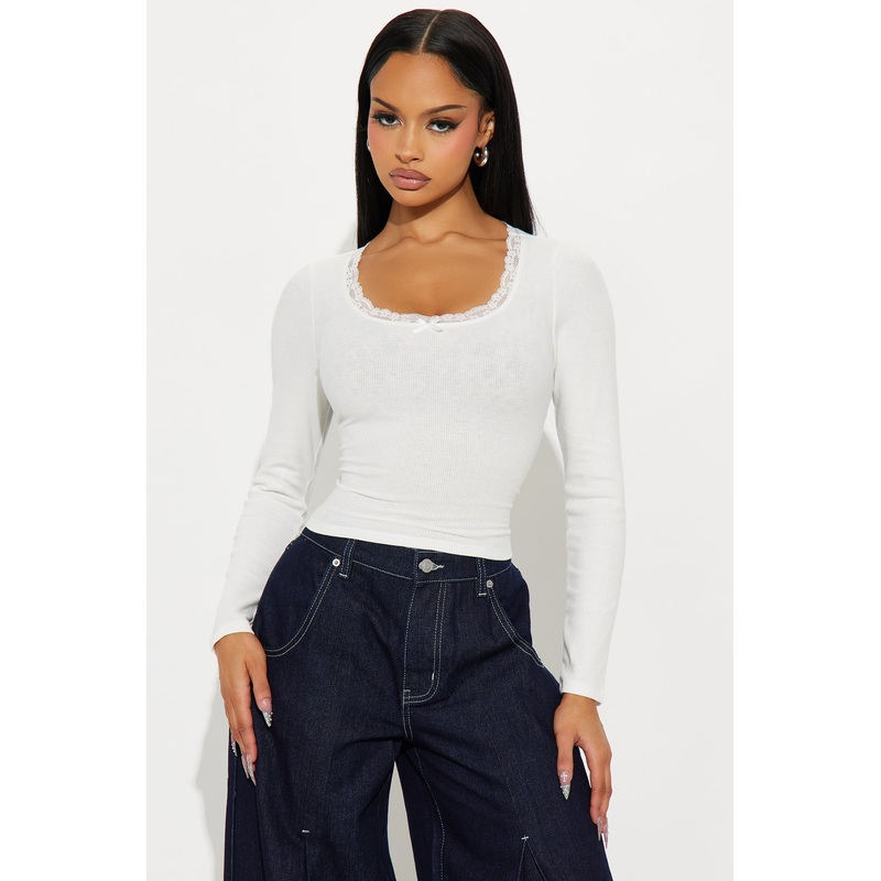 Delilah Lace Trim Long Sleeve Top – White