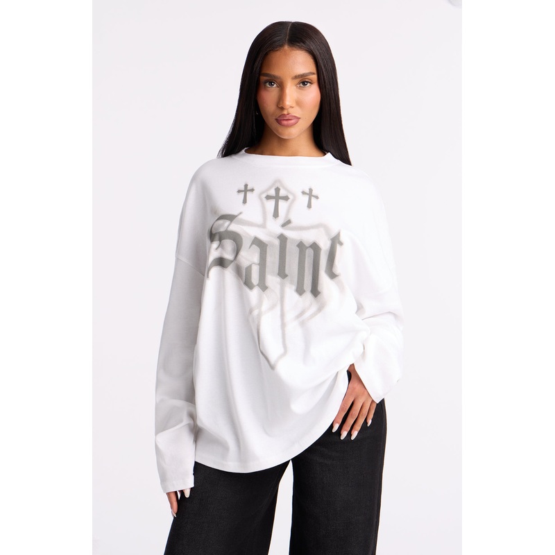 Saint With Crosses Long Sleeve Tee – White