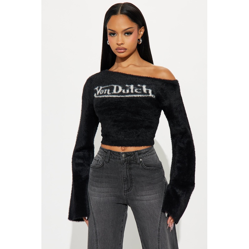Von Dutch Fuzzy One Shoulder Top – Black
