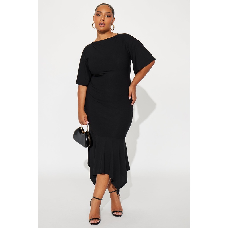 Audrina Asymmetrical Mermaid Midi Dress – Black