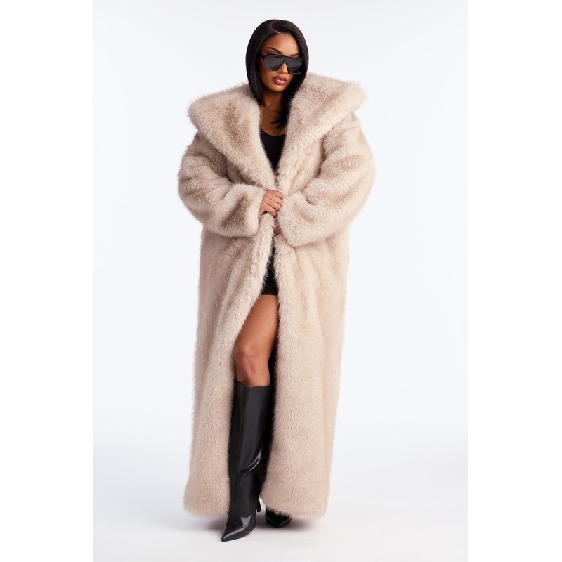 Bella Donna Two Tone Long Faux Fur Coat – Stone