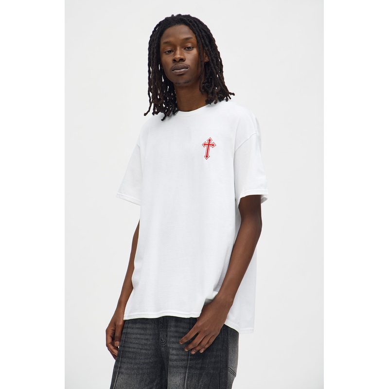Blessed By The Cross Embroidery Oversized Short Sleeve Tee – White