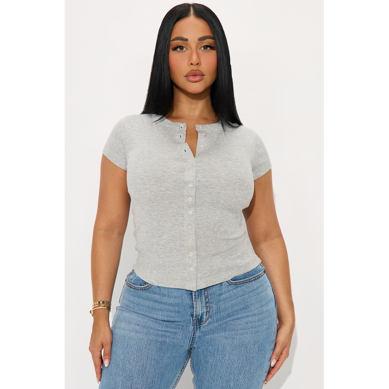 Freya Button Up Short Sleeve Top – Heather Grey