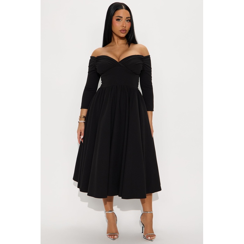 Abby Off Shoulder Crepe Knit Midi Dress – Black
