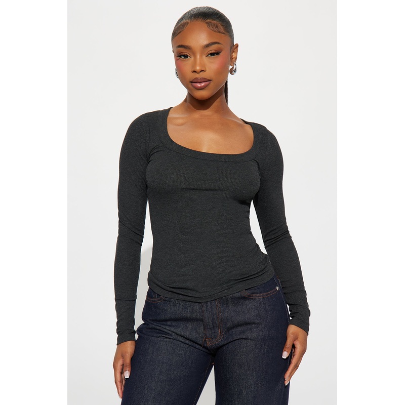 Bella Basic Scoop Neck Ribbed Top – Charcoal