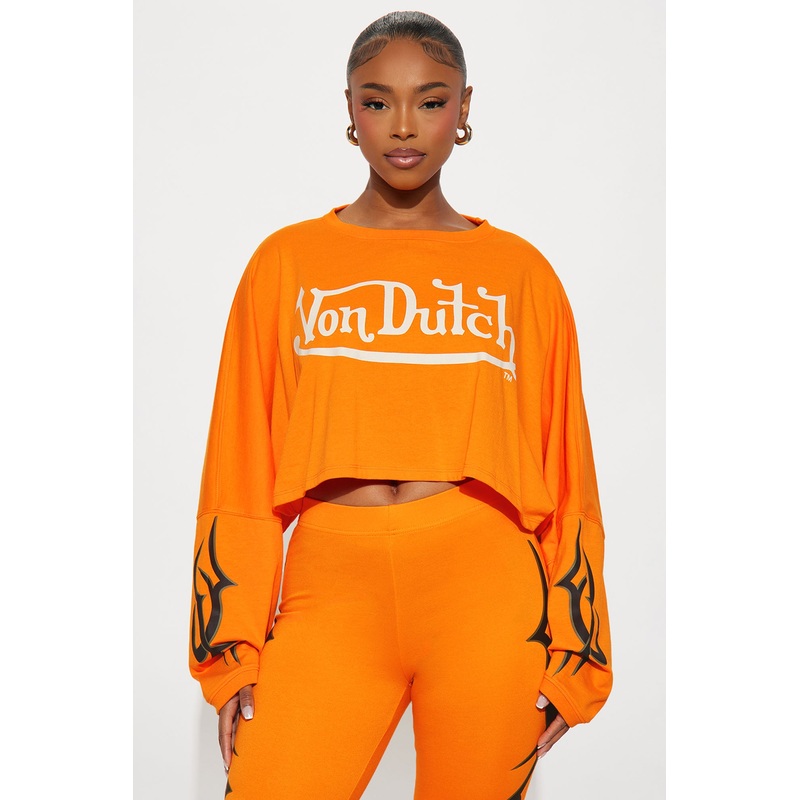 Von Dutch Edgy Long Sleeve Cropped Top – Orange