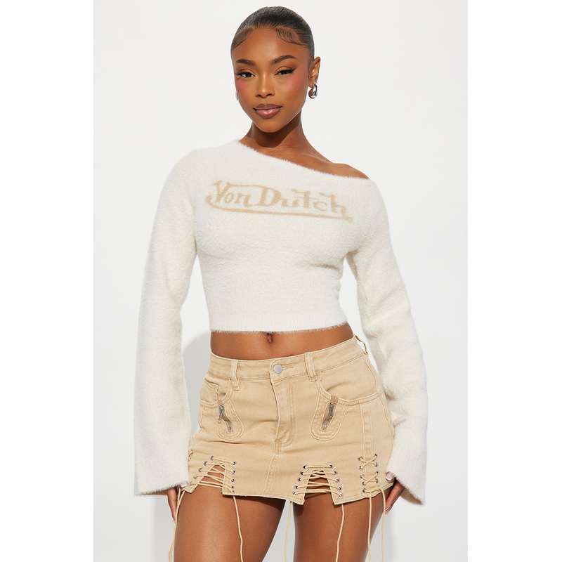Von Dutch Fuzzy Off Shoulder Top – Taupe