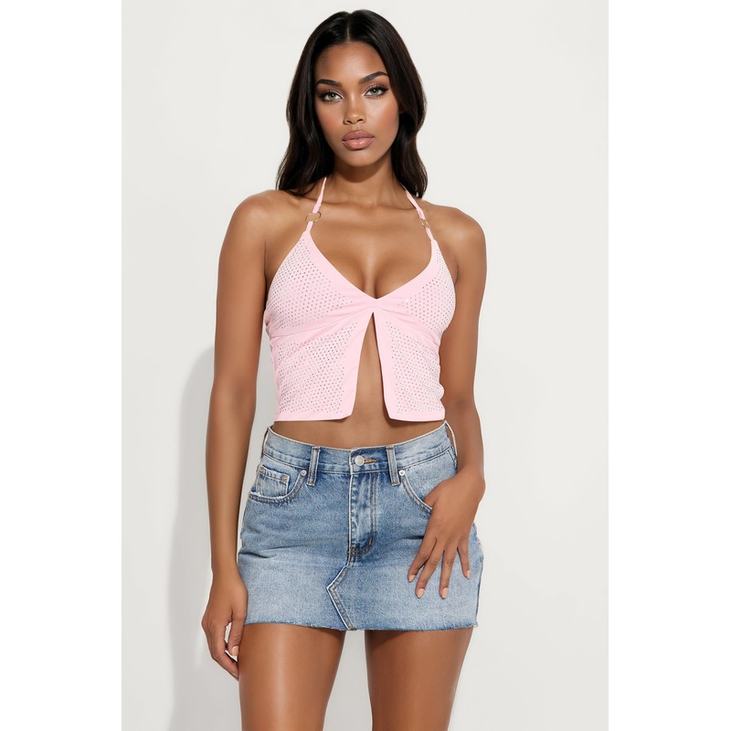 Zadie Flyaway Rhinestone Halter Top – Pink