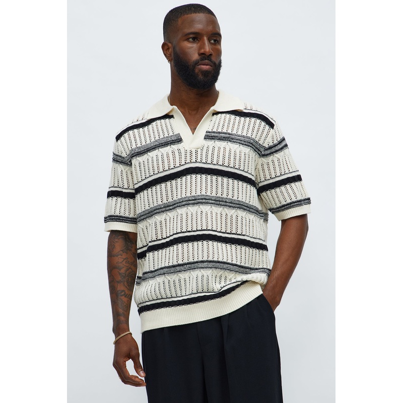 Crossroads Open Knit Johnny Collar Shirt – Cream/combo