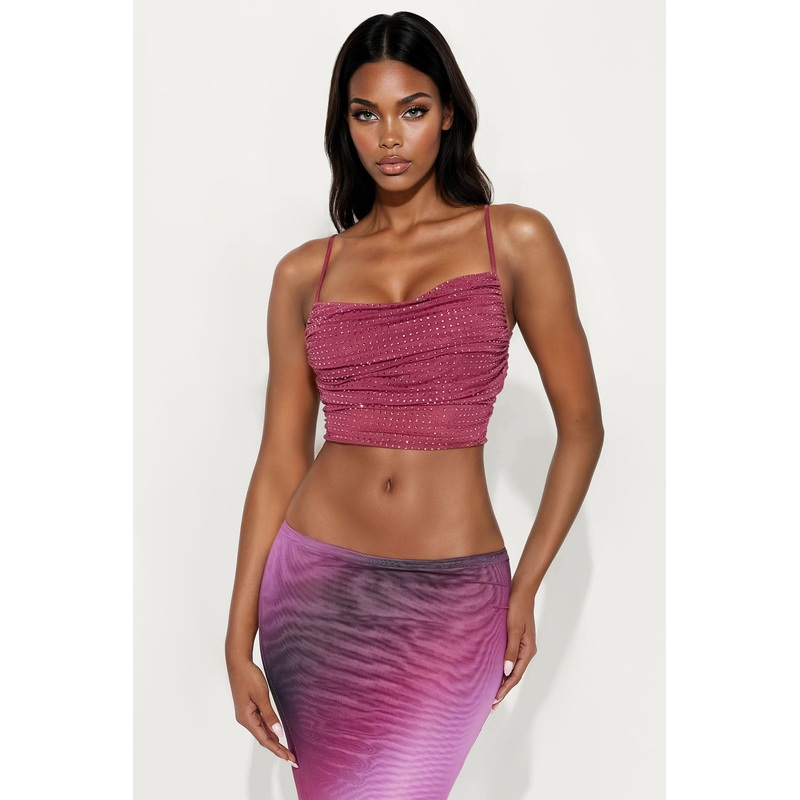 Eye Catching Rhinestone Mesh Cowl Neck Top – Plum