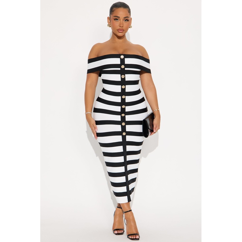 Zaria Striped Bandage Midi Dress – Black/White
