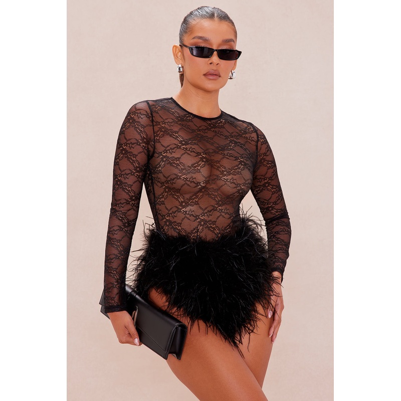 Bambi Feather Lace Short Set – Black