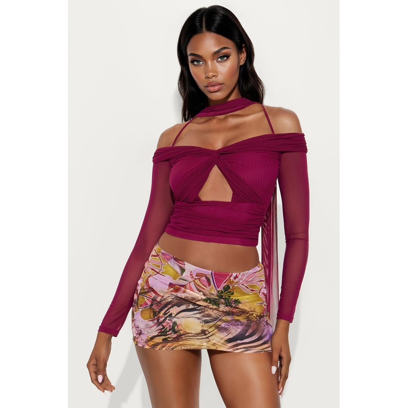 Crimson Mesh Top And Scarf 2 Piece Set – Burgundy