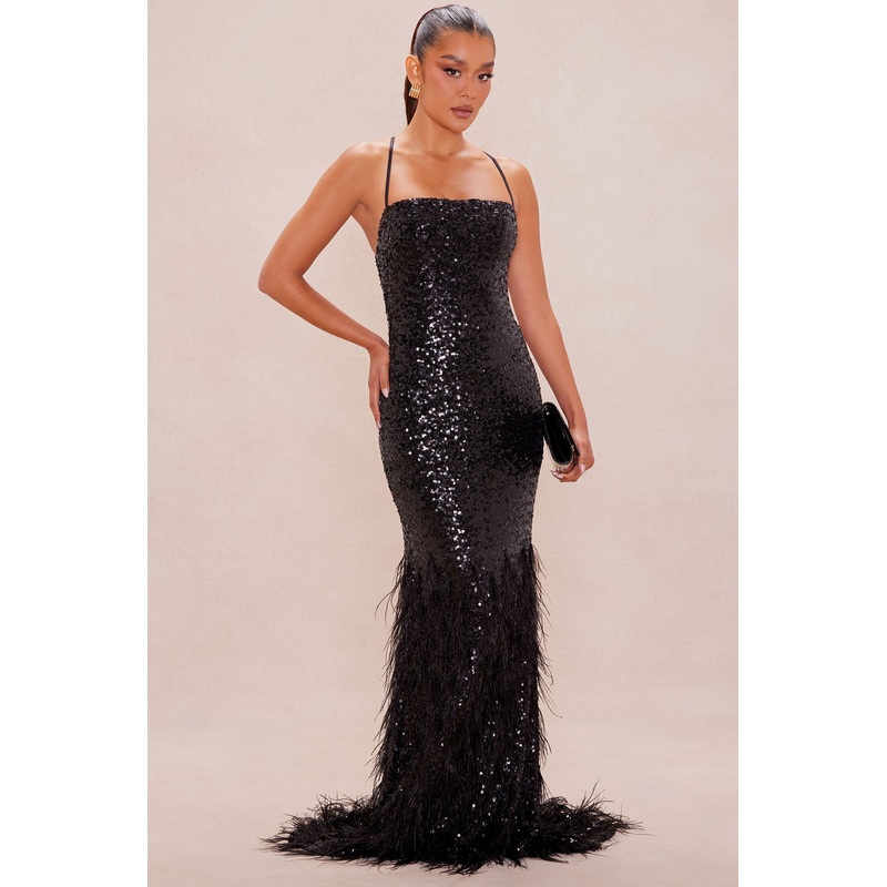 Davina Feathered Sequin Maxi Dress – Black