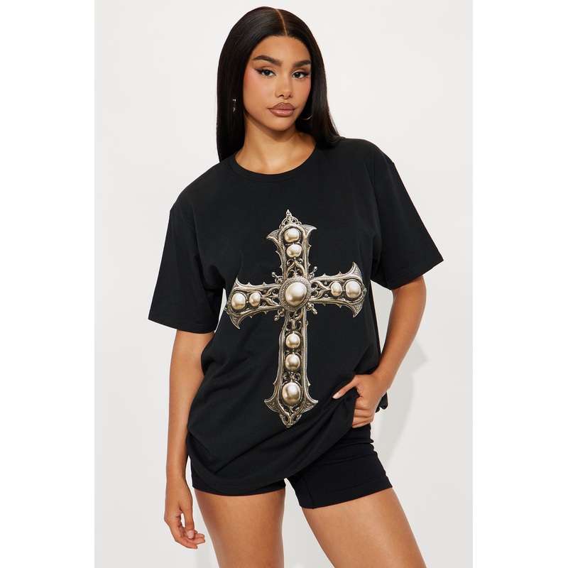 Gothic Cross With Pearls Tee – Black