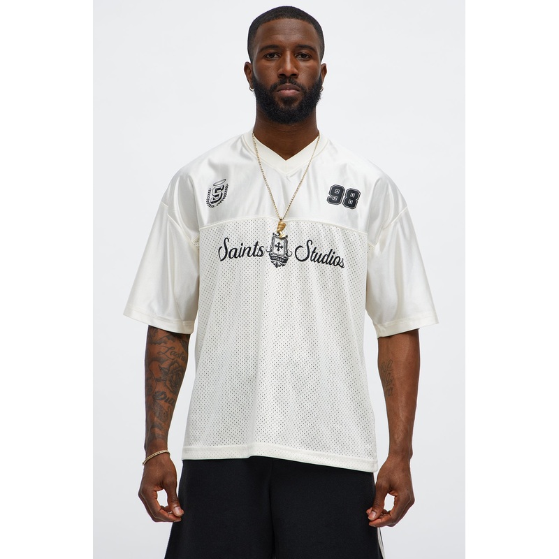 Saints Studios Short Sleeve Soccer Jersey – Off White/combo