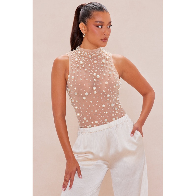 Soraya Pearl Mesh Bodysuit – Nude