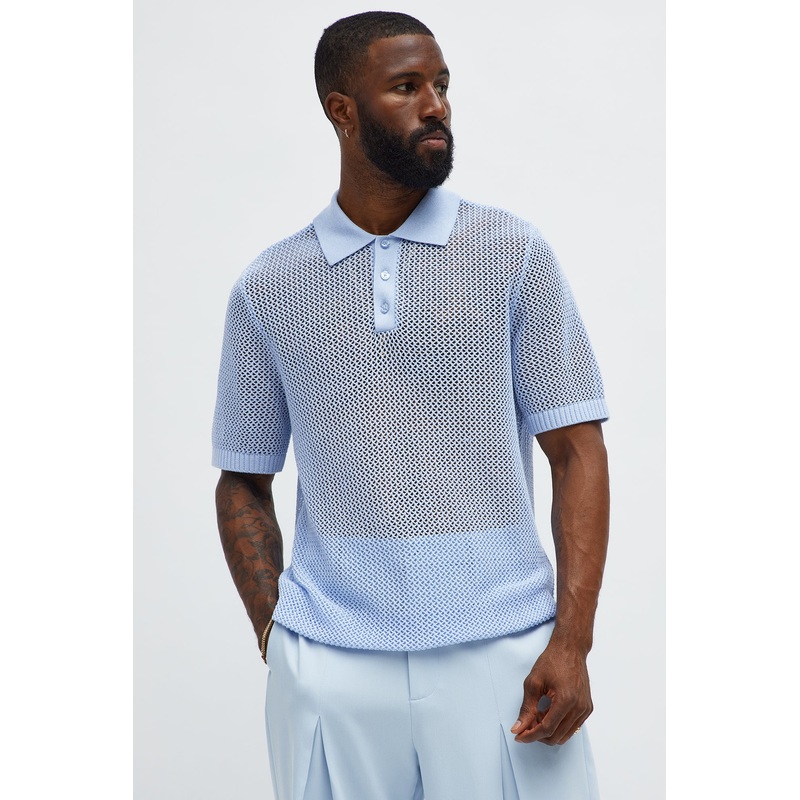 Vacation Me Please Open Knit Polo – Light Blue