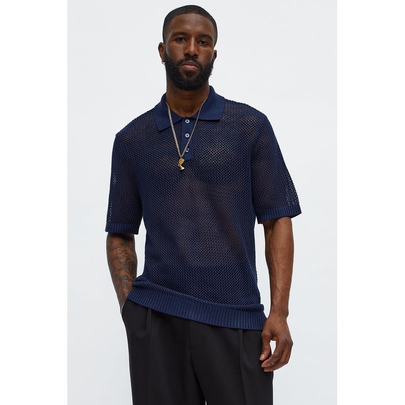 Vacation Me Please Open Knit Polo – Navy