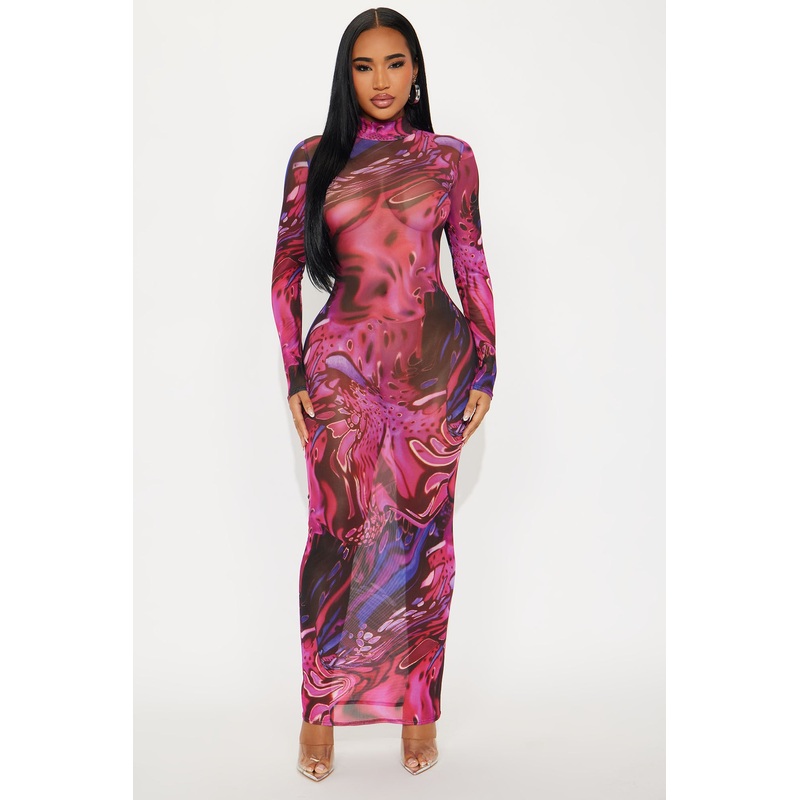 Vivid Sins Mesh Maxi Dress – Pink/combo