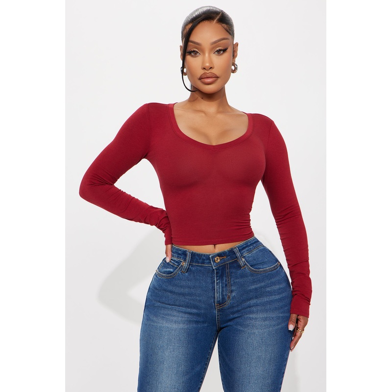 Dawn V Neck Basic Top – Burgundy