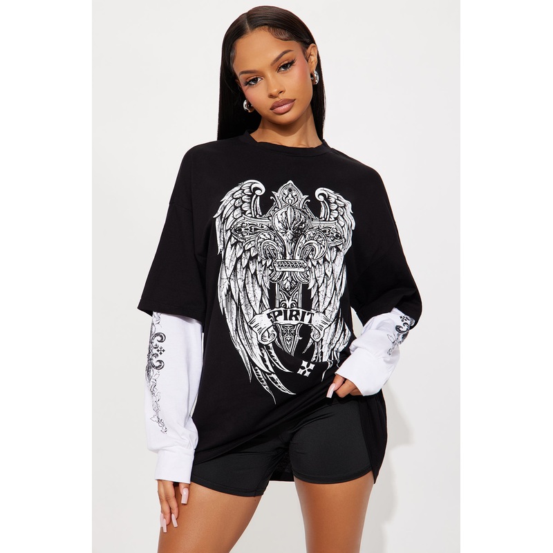 Edgy Spirit Long Sleeve Tshirt – Black/White