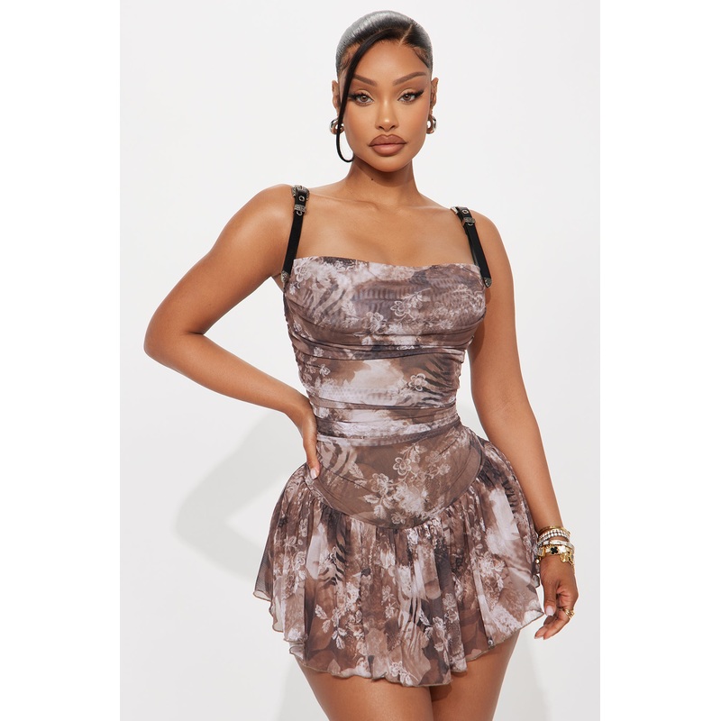 Watch Me Mesh Belted Mini Dress – Brown Combo
