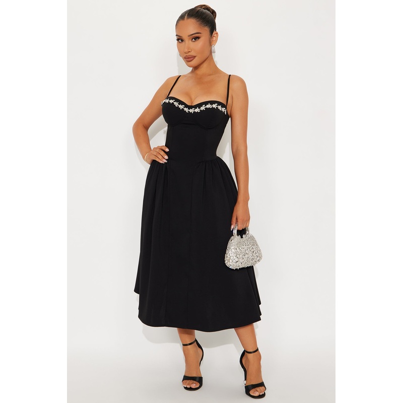 Abigail Rhinestone Midi Dress – Black